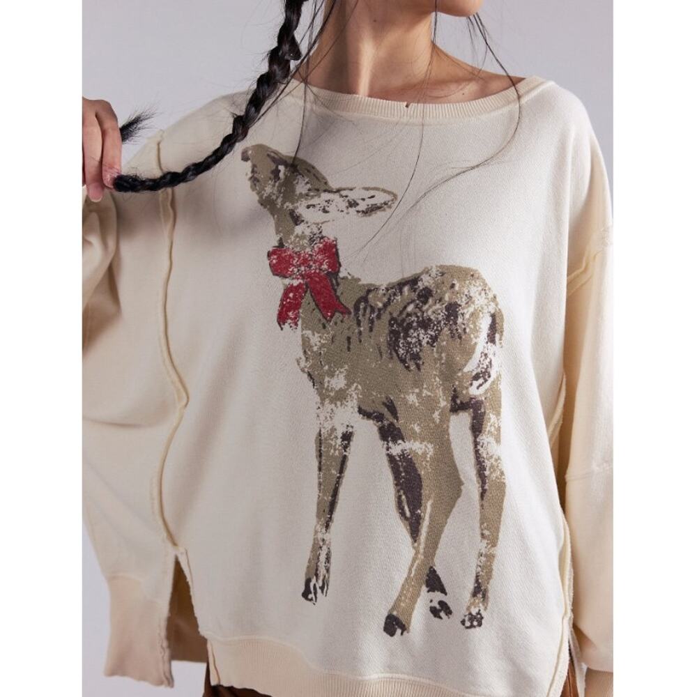 L | Free People | NWT | We The Free Graphic Camden Pullover Deer Combo